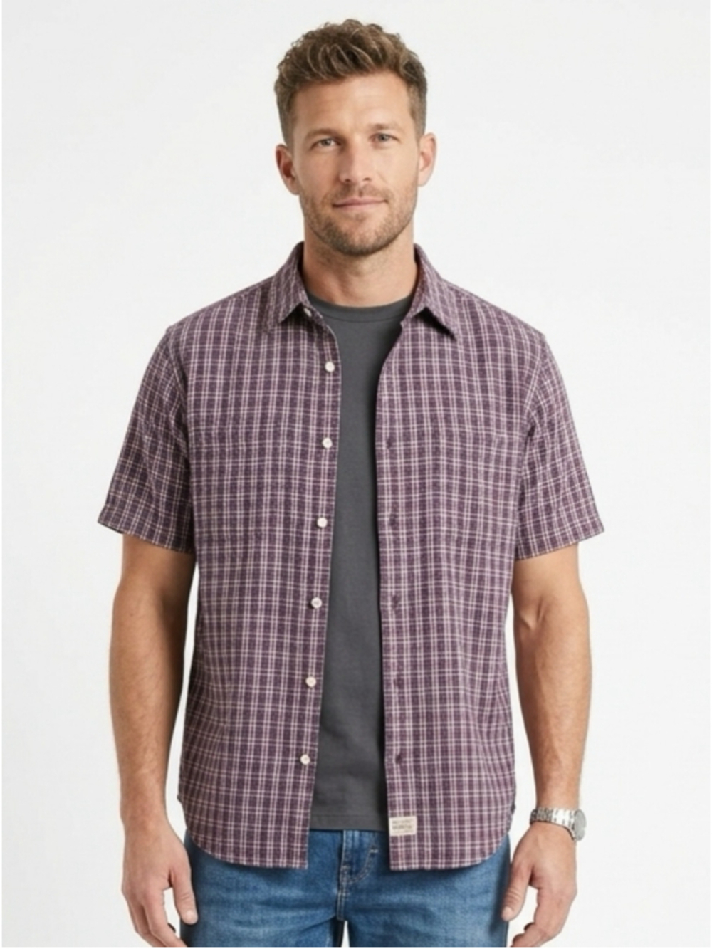 Levi Strauss Signature Plaid Cotton Short Sleeve Shirt L Classic Fit Red Blue324